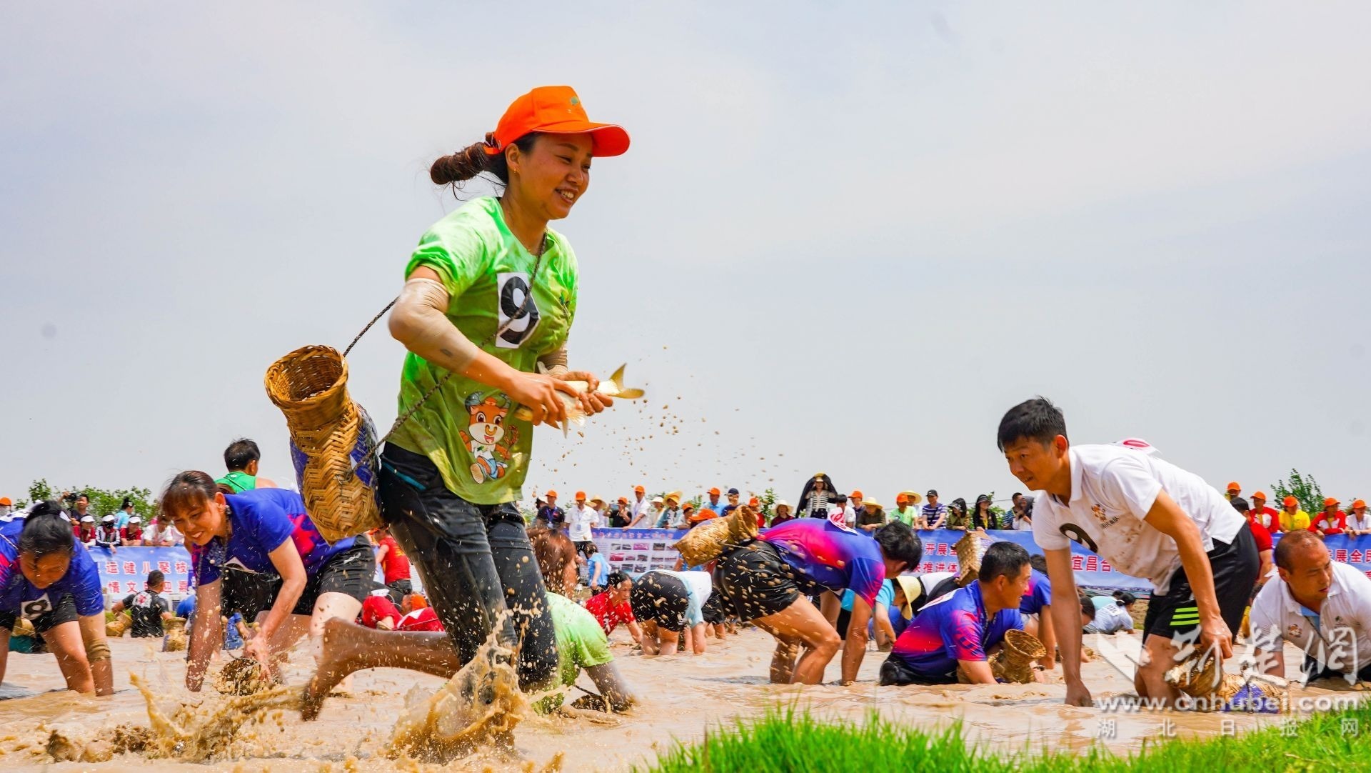 池塘抓鱼项目，参赛选手喜气洋洋奔向岸边鱼箱。唐姝亚 摄.jpg.jpg