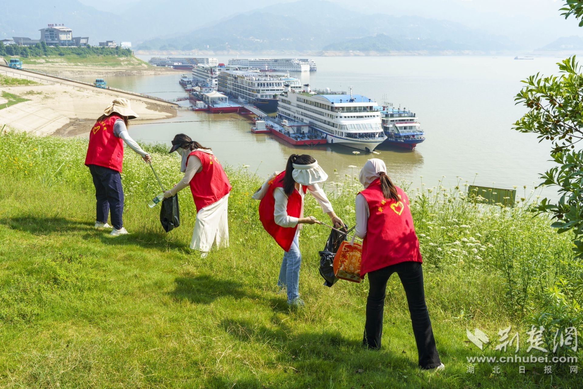 2026年6月4日，湖北省宜昌市秭归县，志愿者在秭归港码头岸电设施不远处捡垃圾。 周仕伟 摄.JPG.JPG